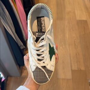 Golden Goose White Sneakers with Green Star and Plaid Toe